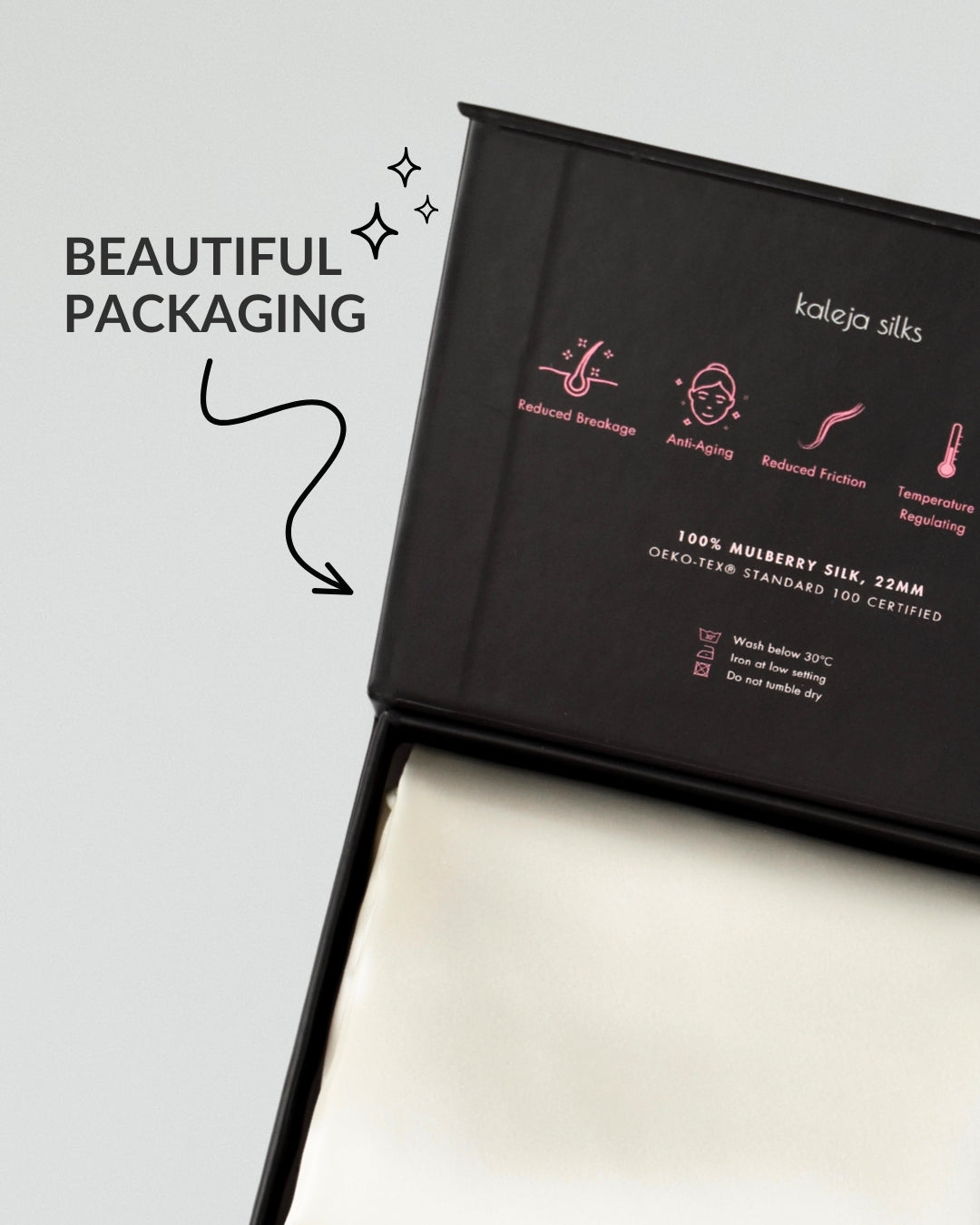 A white silk pillowcase presented in beautiful packaging