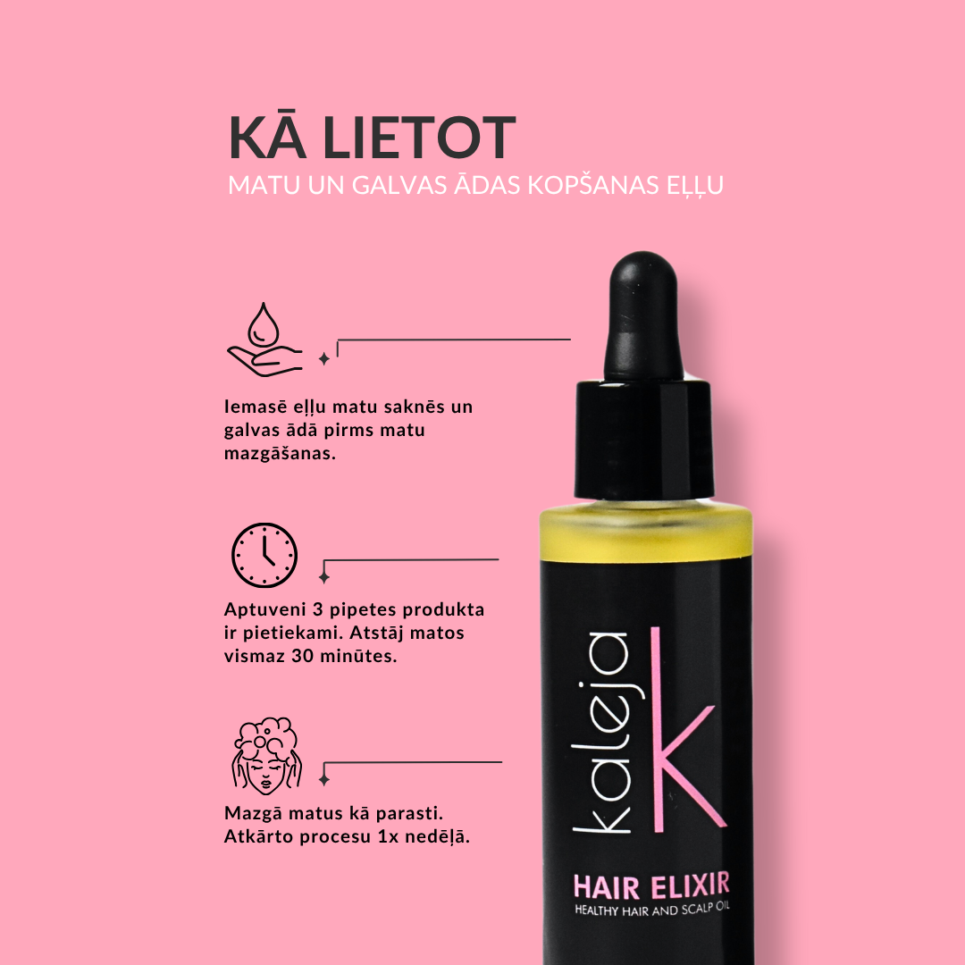 Kaleja Hair Elixir bottle with usage instructions on a pink background