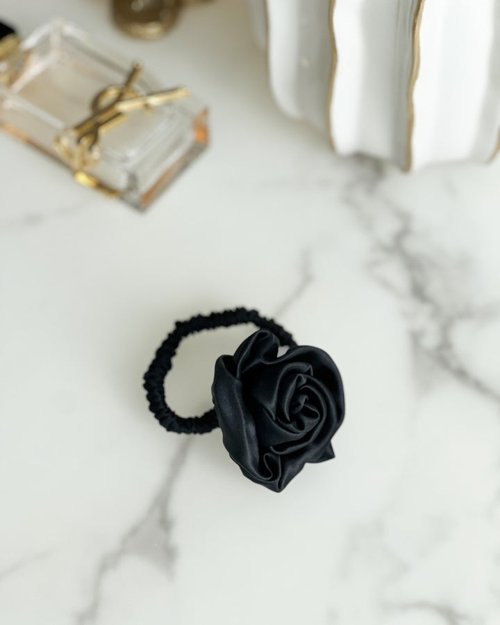 black silk rose hair tie, kaleja silks