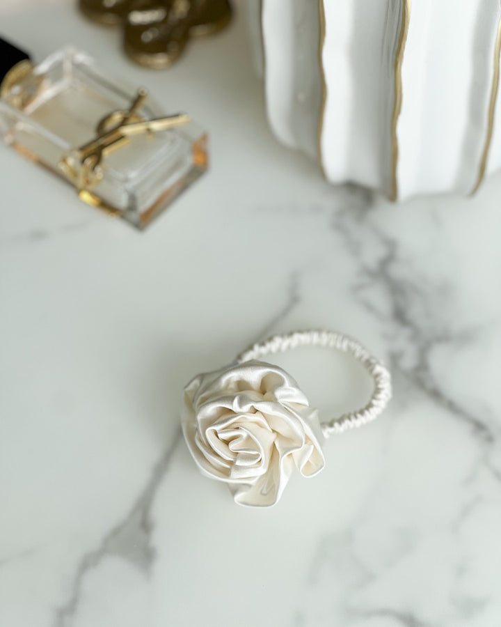 white silk rose hair ties 