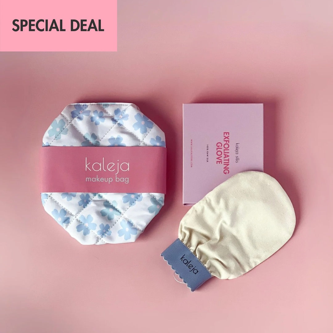 Makeup bag + silk exfoliating glove set