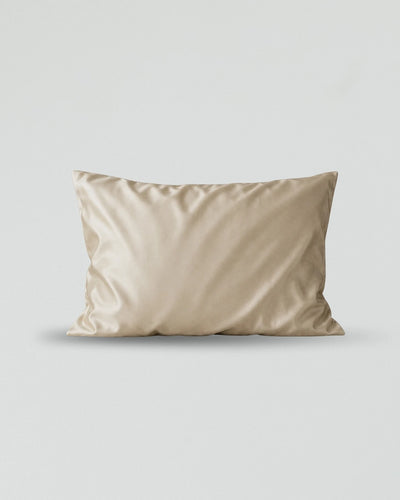Beige silk pillowcase on a light gray background