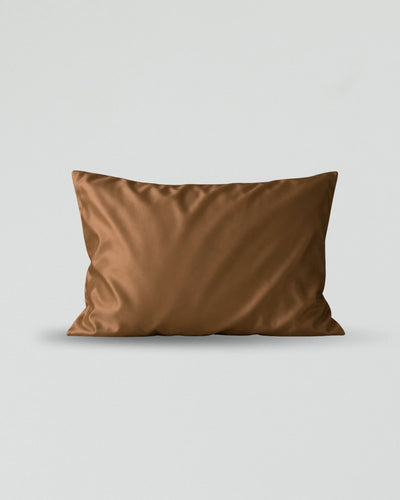 Brown silk pillowcase on a light gray background