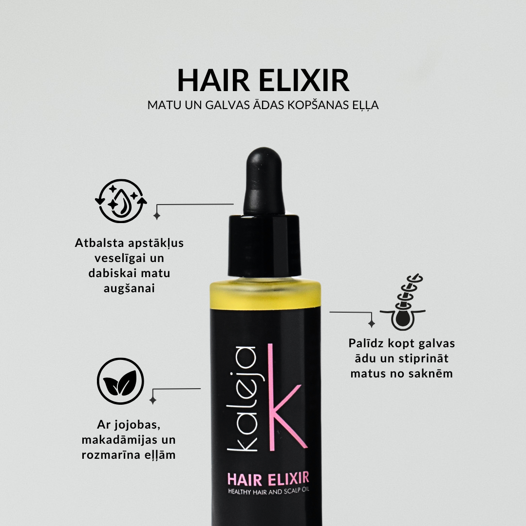 Kaleja Hair Elixir bottle with text on a gray background