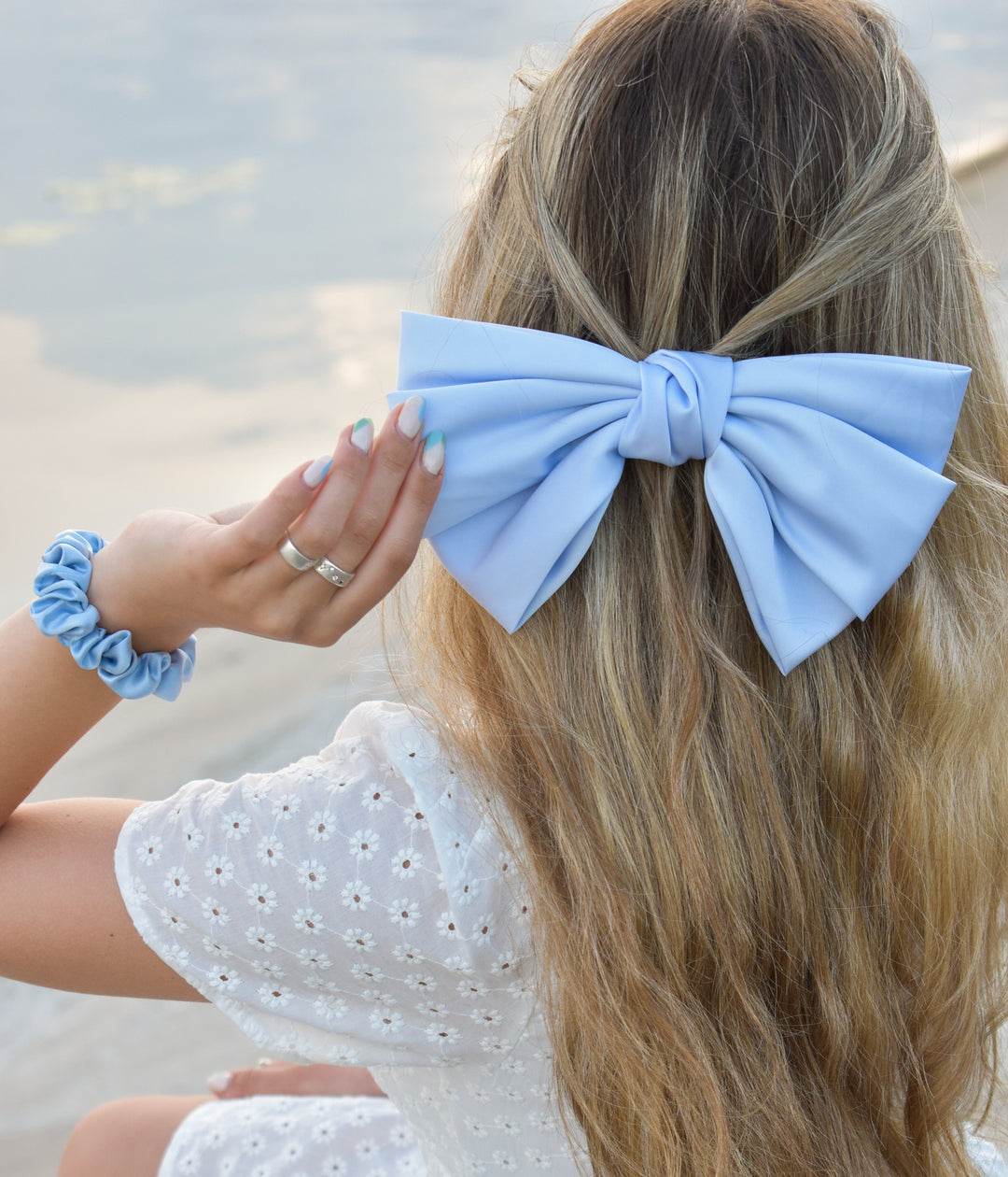Blue bow hair clips, kaleja store, kaleja silks, matu bante, matu sprādze